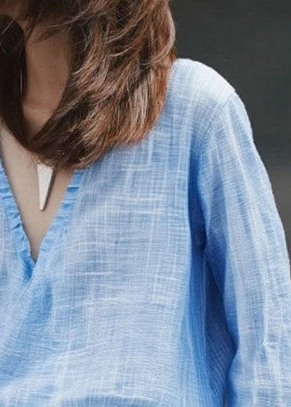 Camisa casual azul con cuello en V y color liso para primavera