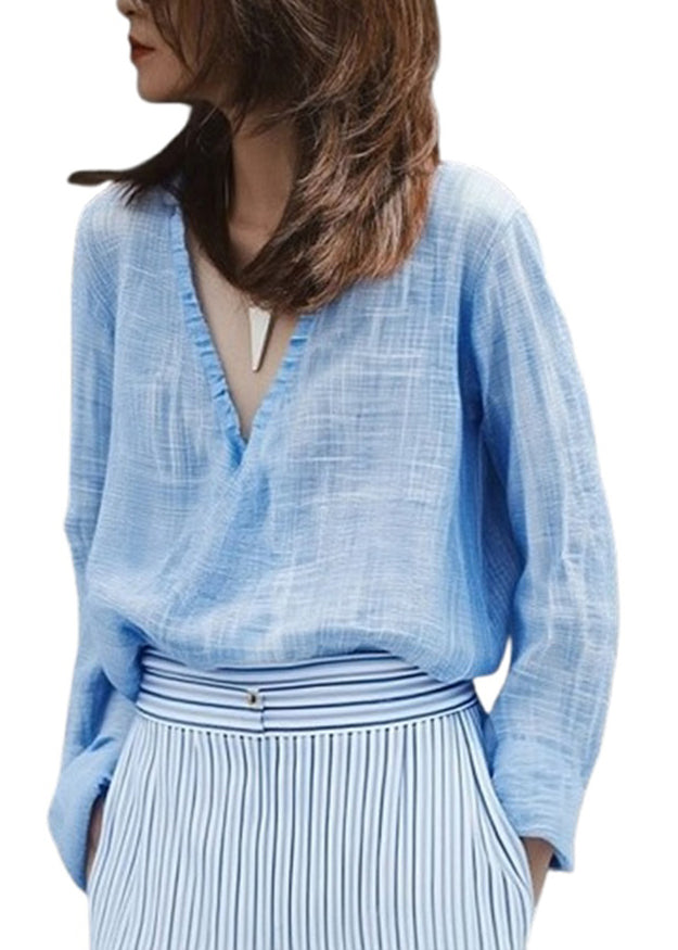 Camisa casual azul con cuello en V y color liso para primavera