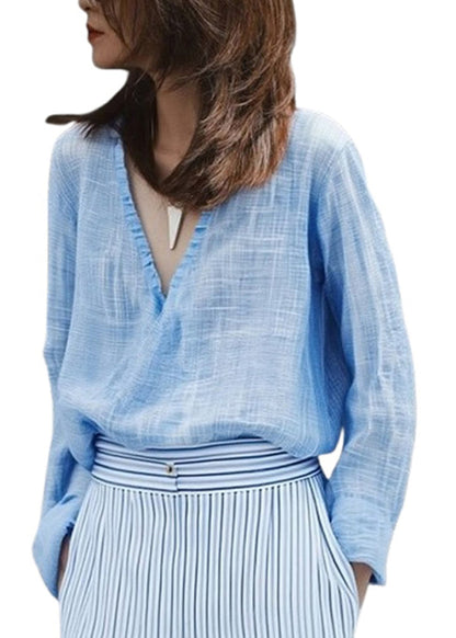 Camisa casual azul con cuello en V y color liso para primavera