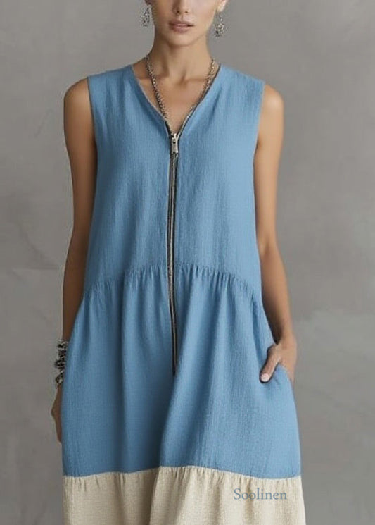 Casual Blue Vacation Maxi Dresses Zippered Patchwork Summer