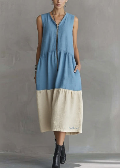 Casual Blue Vacation Maxi Dresses Zippered Patchwork Summer