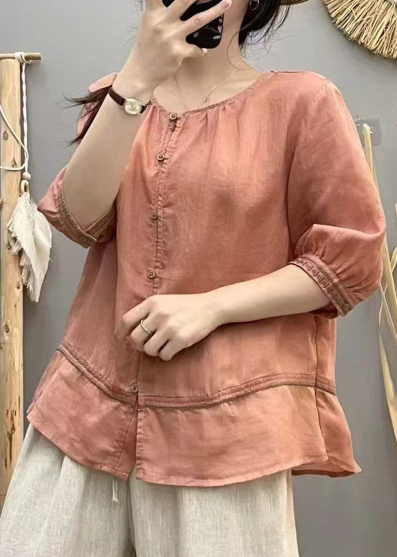 Casual Brick Red Embroidered Patchwork Cotton Blouse Tops Summer