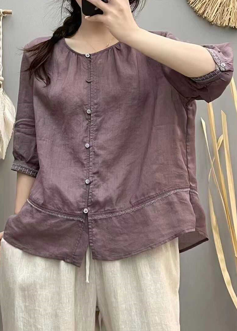 Casual Brick Red Embroidered Patchwork Cotton Blouse Tops Summer