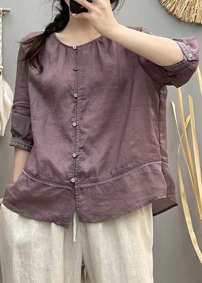 Casual Brick Red Embroidered Patchwork Cotton Blouse Tops Summer