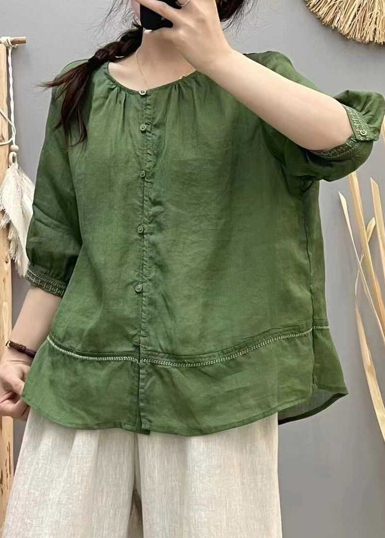 Casual Brick Red Embroidered Patchwork Cotton Blouse Tops Summer