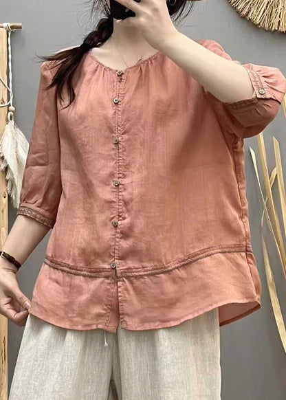 Casual Brick Red Embroidered Patchwork Cotton Blouse Tops Summer