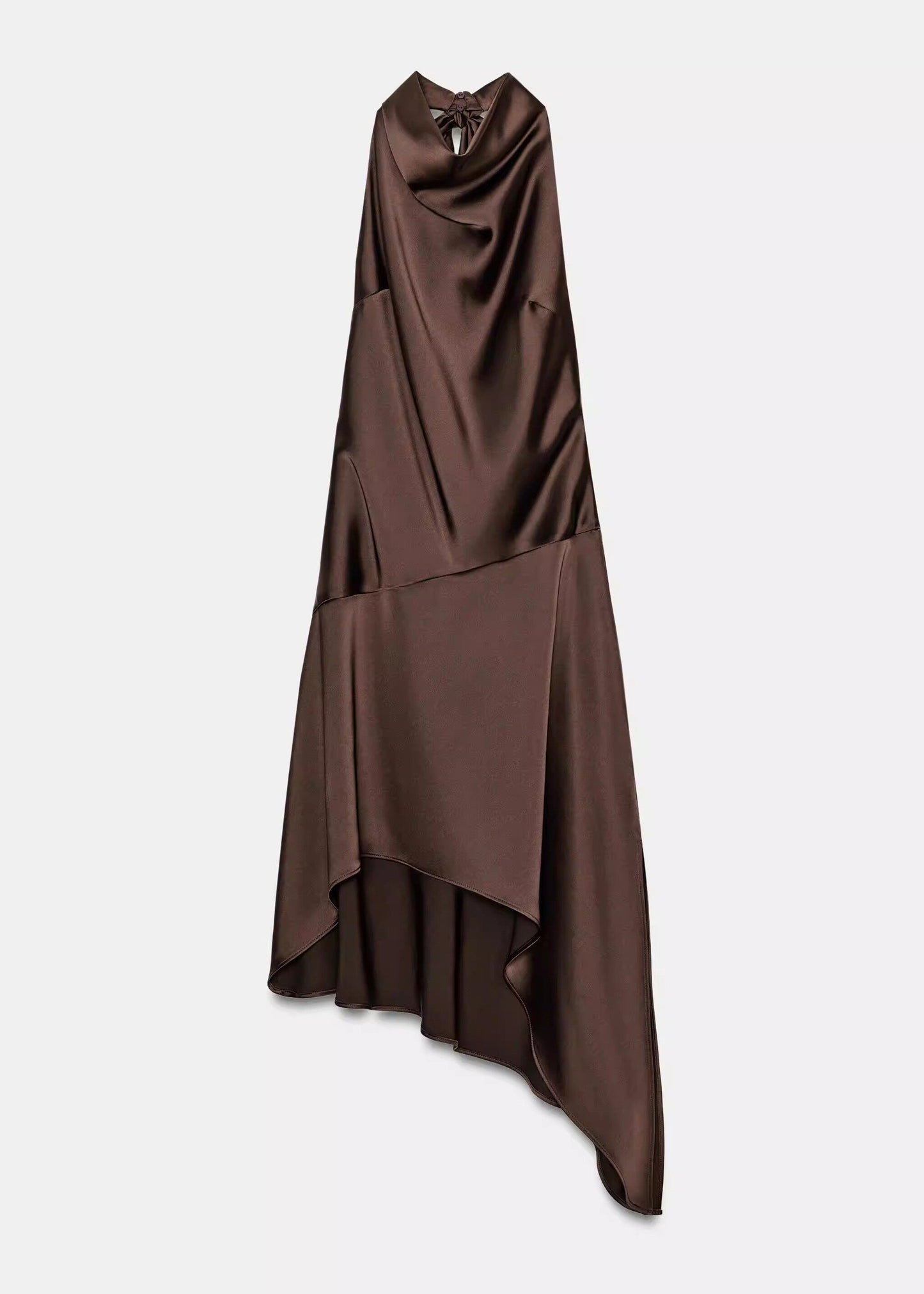Casual Brown Backless Asymmetrical Design Silk Halter Dress Summer