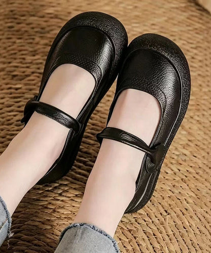 Casual Brown Buckle Strap Cowhide Leather Flat Shoes