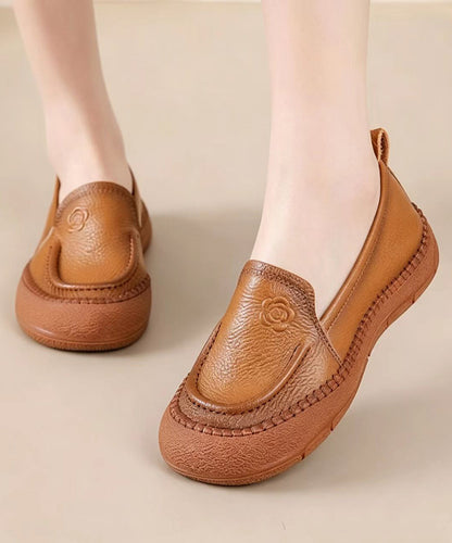 Casual Brown Embossed Floral Cowhide Leather Loafers