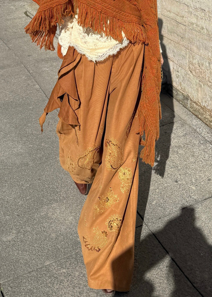 Lässige braune, bestickte, asymmetrische Paillettenhose mit weitem Bein für den Frühling