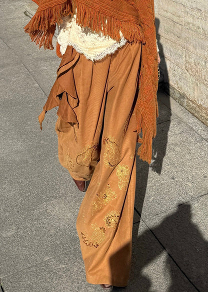 Lässige braune, bestickte, asymmetrische Paillettenhose mit weitem Bein für den Frühling