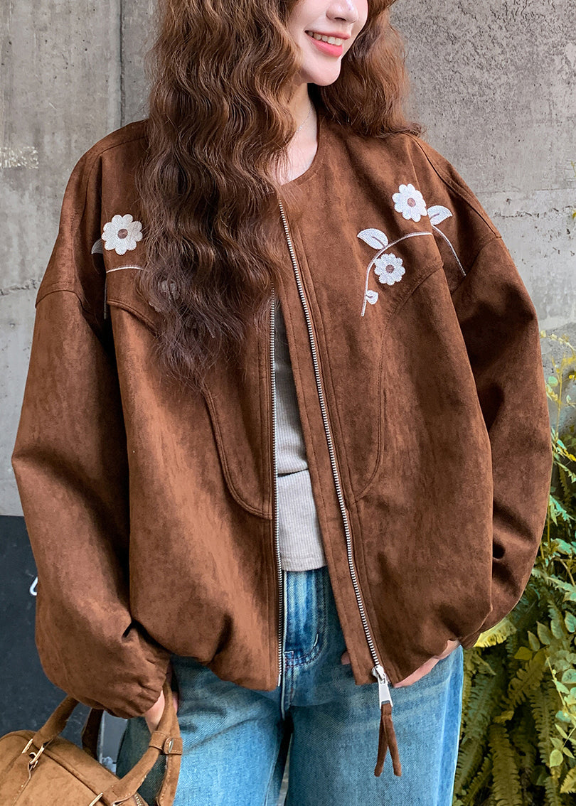 Lässige braune Jacke aus Wildlederimitat mit Blumenstickerei für den Frühling