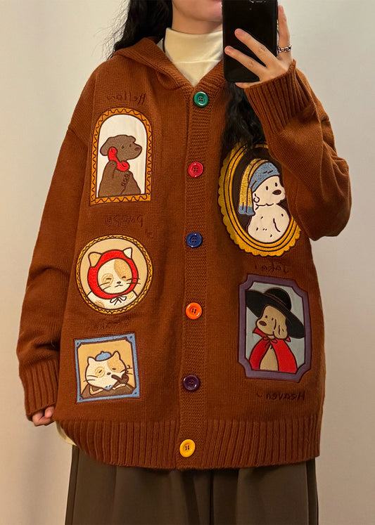 Casual Brown Hooded Applique Button Knit Coats Spring