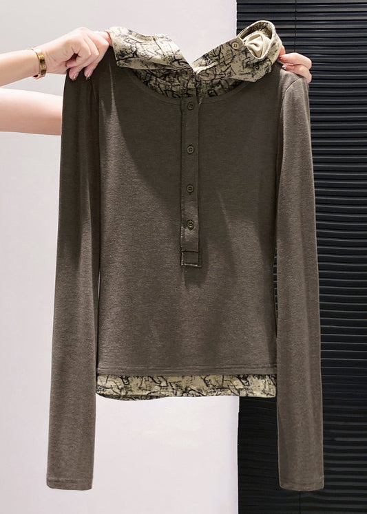Lässiges braunes Kapuzen-Patchwork-Baumwoll-Zweiteiler-Top im Frühlingsstil