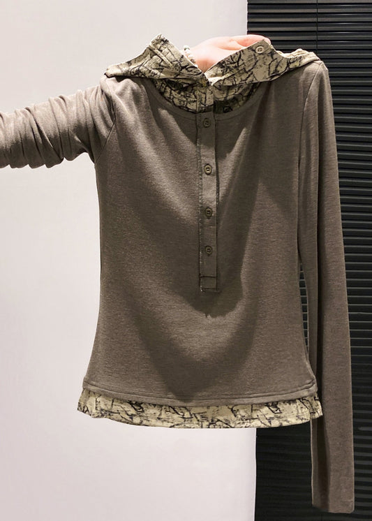 Lässiges braunes Kapuzen-Patchwork-Baumwoll-Zweiteiler-Top im Frühlingsstil