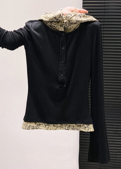 Lässiges braunes Kapuzen-Patchwork-Baumwoll-Zweiteiler-Top im Frühlingsstil