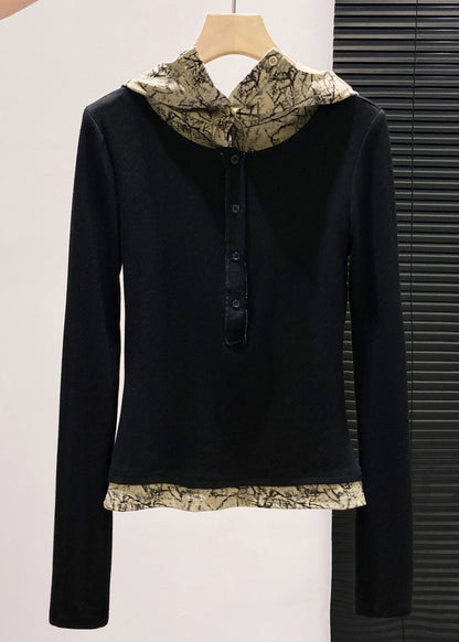 Lässiges braunes Kapuzen-Patchwork-Baumwoll-Zweiteiler-Top im Frühlingsstil