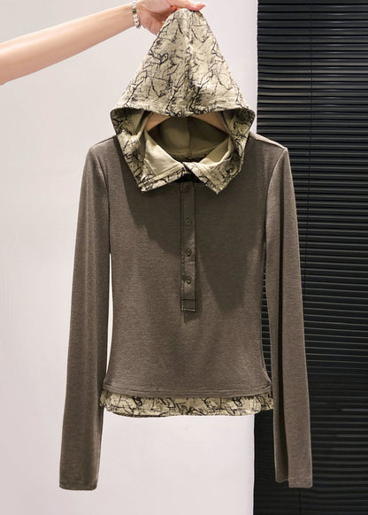 Lässiges braunes Kapuzen-Patchwork-Baumwoll-Zweiteiler-Top im Frühlingsstil
