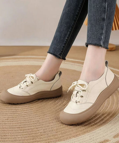 Casual Brown Lace Up Cowhide Leather Flat Shoes