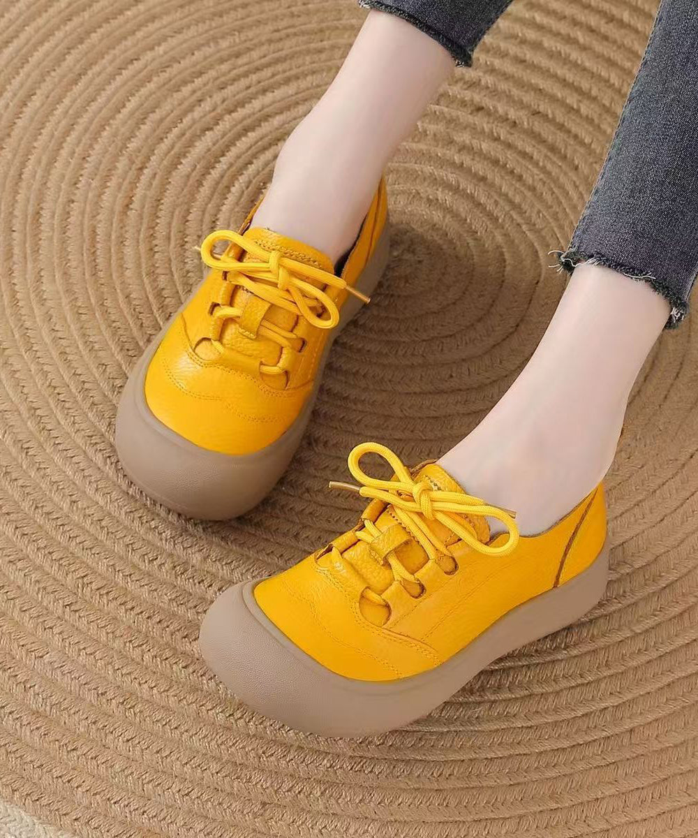 Casual Brown Lace Up Cowhide Leather Flat Shoes