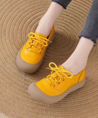 Casual Brown Lace Up Cowhide Leather Flat Shoes