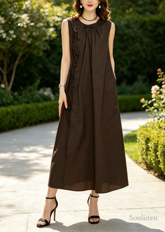 Casual Brown Lace Up Wrinkled Cotton Vacation Dresses Sleeveless