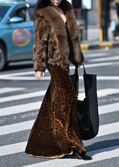 Casual Brown Leopard Print Exra Large Hem Silk Velvet Skirts Spring