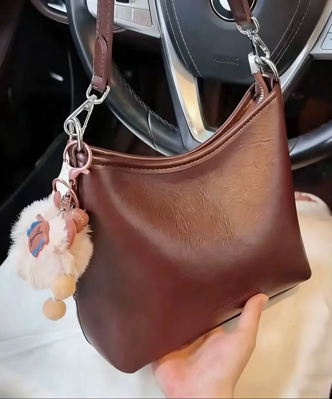 Casual Brown Letter Embossing Fuzzy Ball Decorated Faux Leather Micro Bag