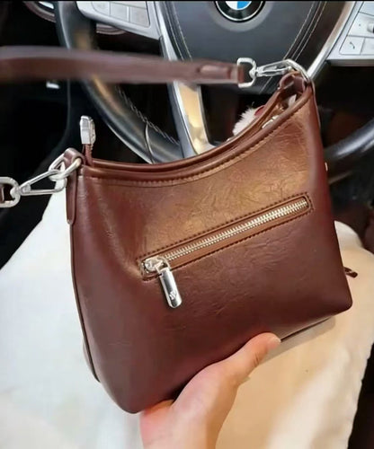 Casual Brown Letter Embossing Fuzzy Ball Decorated Faux Leather Micro Bag