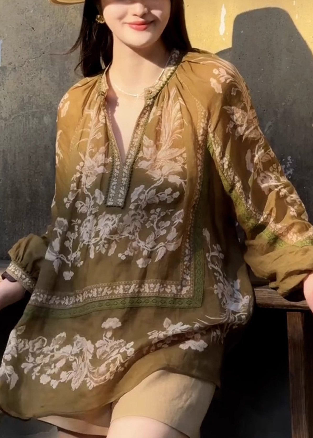 Camisa informal de lino con estampado oversize marrón para primavera