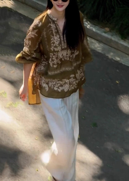 Camisa informal de lino con estampado oversize marrón para primavera