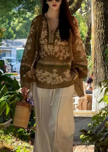 Camisa informal de lino con estampado oversize marrón para primavera