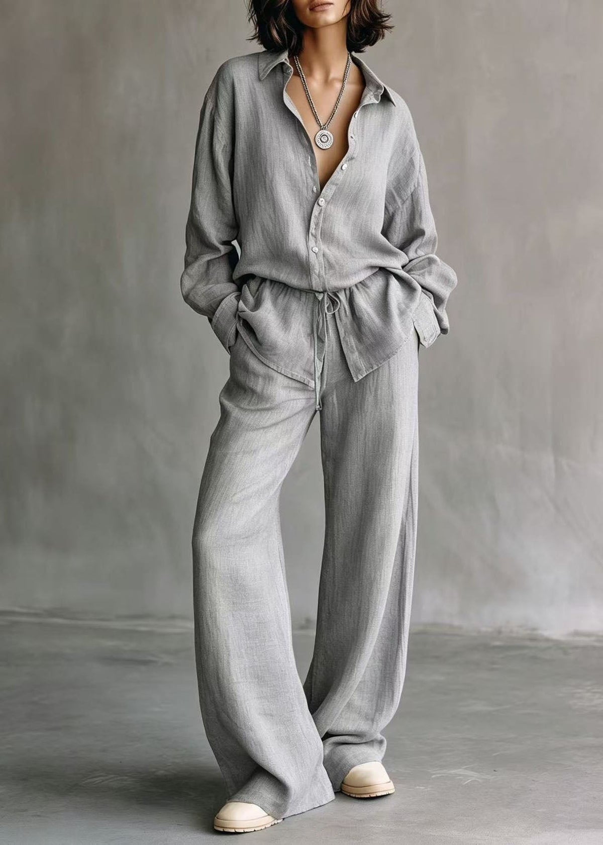 Casual Brown Peter Pan Collar Cinched Solid Shirts And Wide Leg Pants Two Piece Set Long Sleeve