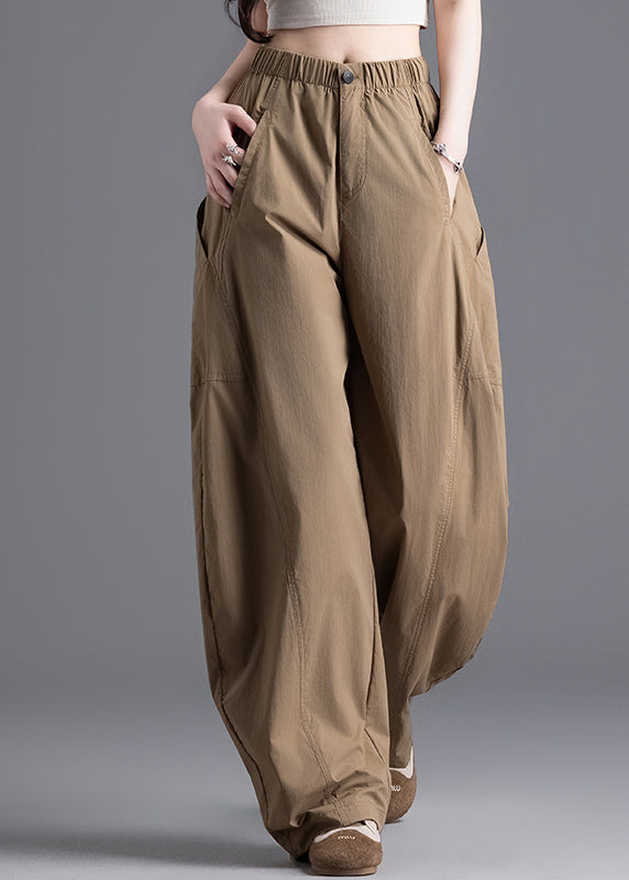 Casual Brown Pockets Elastic Waist Cotton Pants Spring