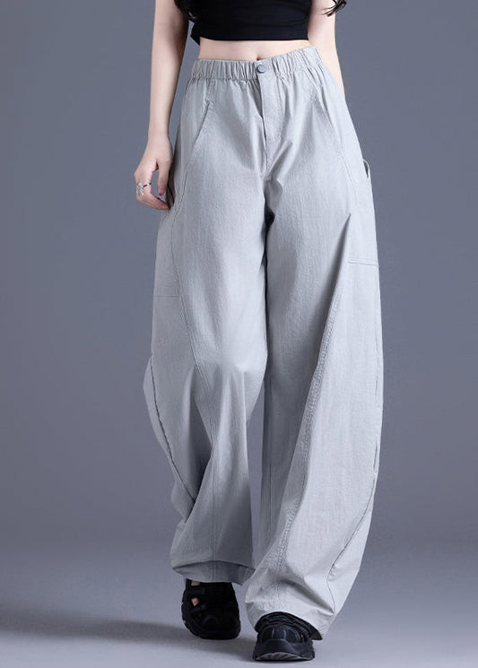 Casual Brown Pockets Elastic Waist Cotton Pants Spring