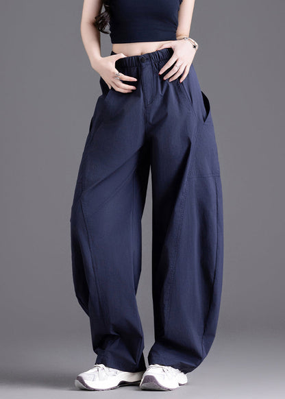 Casual Brown Pockets Elastic Waist Cotton Pants Spring