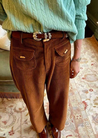 Casual Brown Pockets High Waist Corduroy Pants Spring