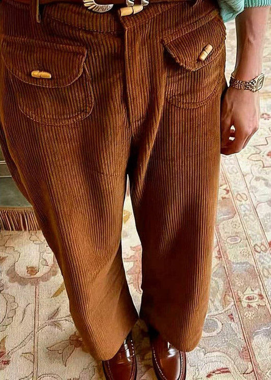 Casual Brown Pockets High Waist Corduroy Pants Spring