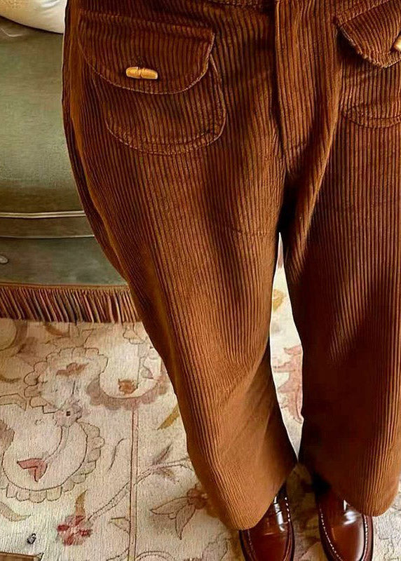 Casual Brown Pockets High Waist Corduroy Pants Spring