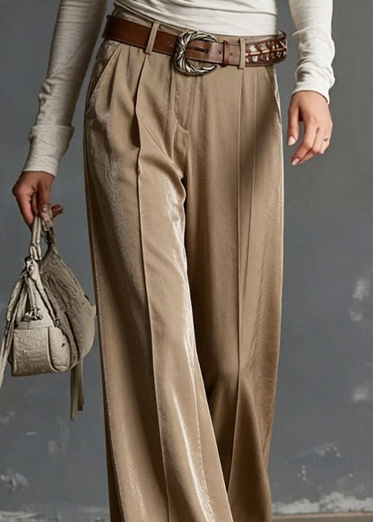 Casual Brown Pockets Wrinkled High Waist Silk Pants Summer