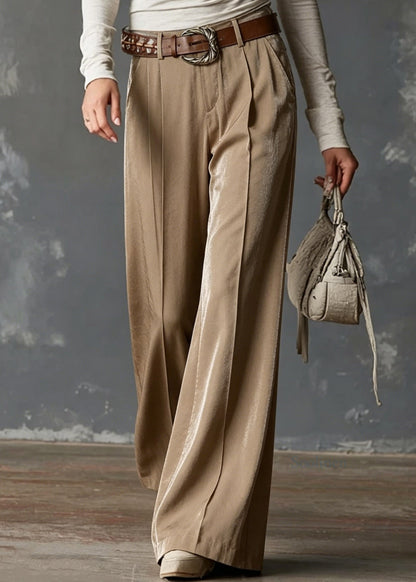 Casual Brown Pockets Wrinkled High Waist Silk Pants Summer