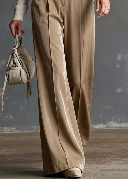 Casual Brown Pockets Wrinkled High Waist Silk Pants Summer