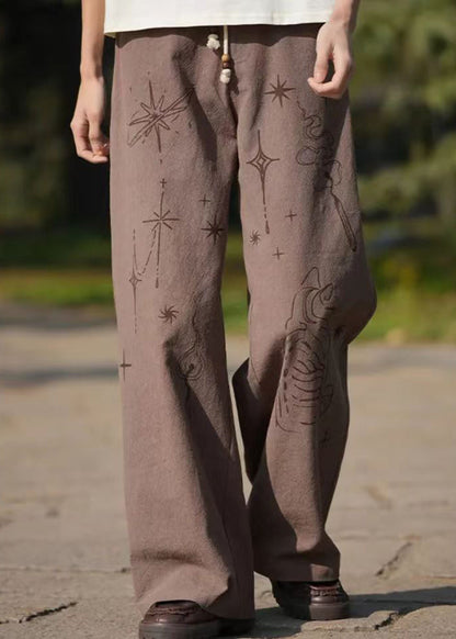 Casual Brown Print Lace Up High Waist Cotton Men Pants Summer