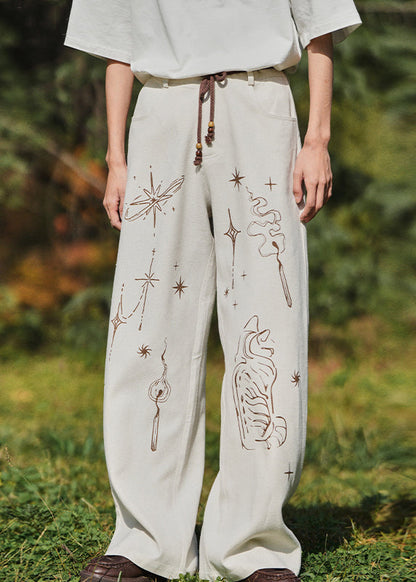 Casual Brown Print Lace Up High Waist Cotton Men Pants Summer