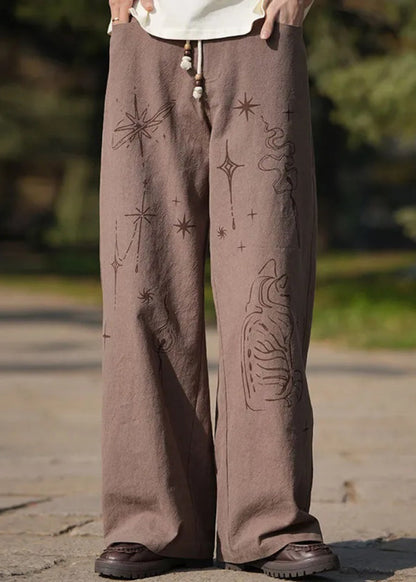 Casual Brown Print Lace Up High Waist Cotton Men Pants Summer