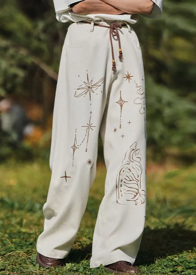 Casual Brown Print Lace Up High Waist Cotton Men Pants Summer