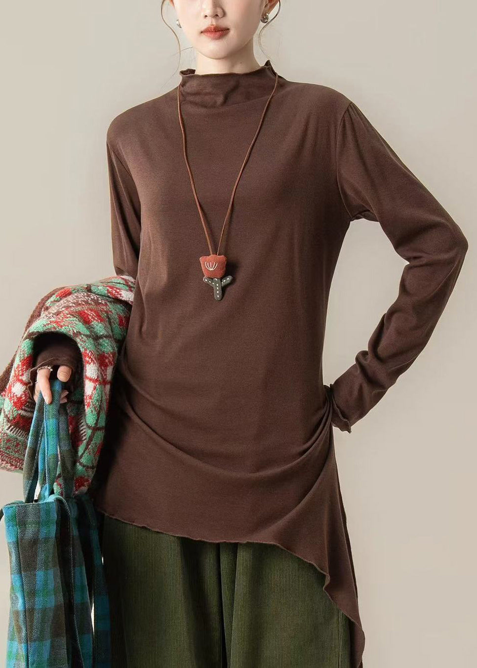Casual Brown Stand Collar Asymmetrical Cotton Blouses Spring