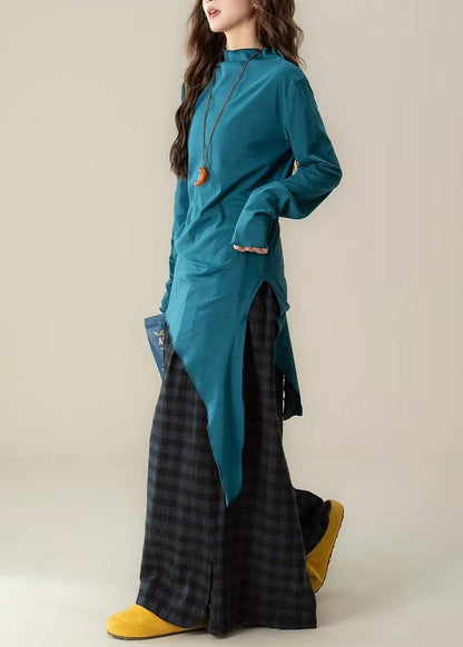 Casual Brown Stand Collar Asymmetrical Cotton Blouses Spring