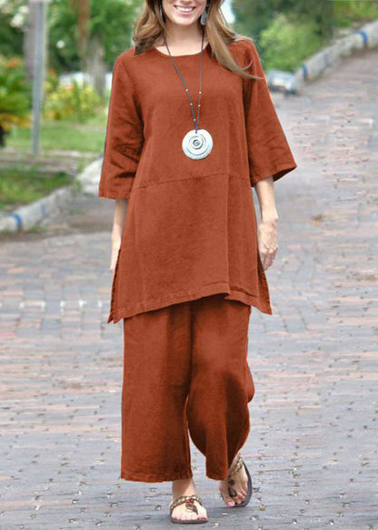 Casual Caramel O-Neck Side Open Top And Crop Pants Two Pieces Set Bracelet Sleeve