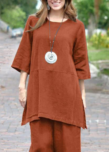 Casual Caramel O-Neck Side Open Top And Crop Pants Two Pieces Set Bracelet Sleeve